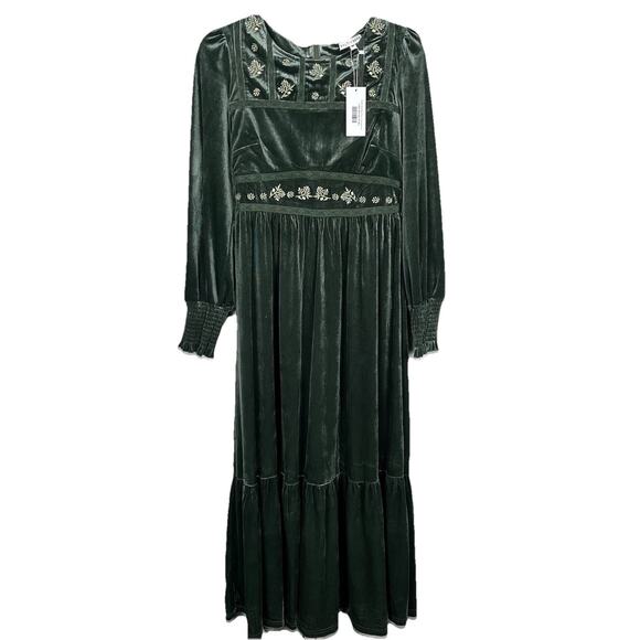Baltic Born Ingrid Maxi Dress Sz M Forest Green Velvet Embroidered Romantic NEW - Picture 1 of 14
